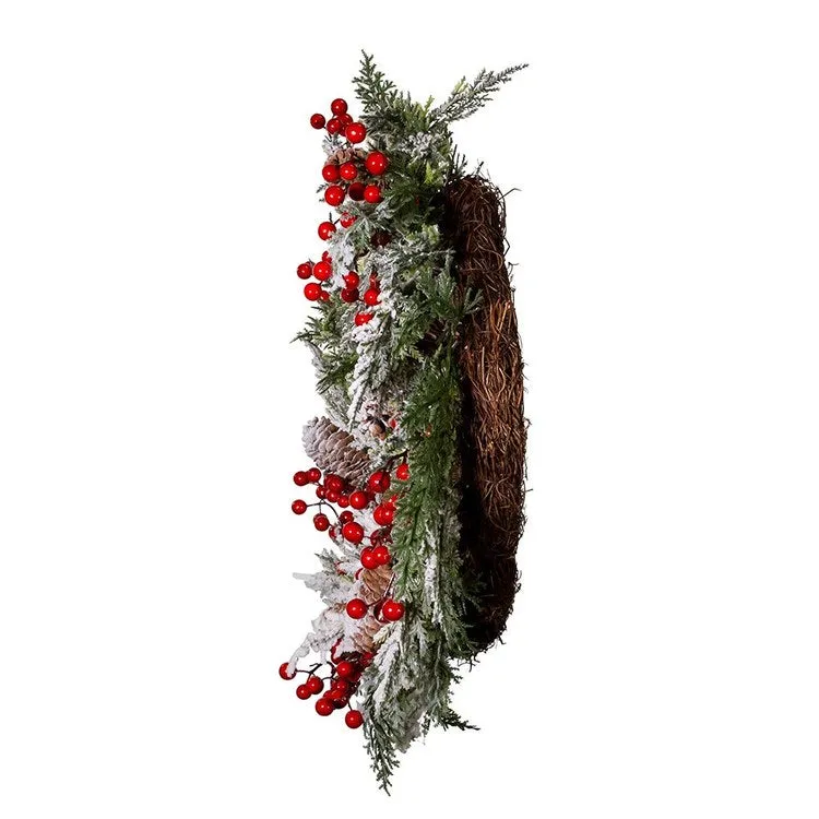 20" Unlit Flocked Rattan Wreath with Red Berries