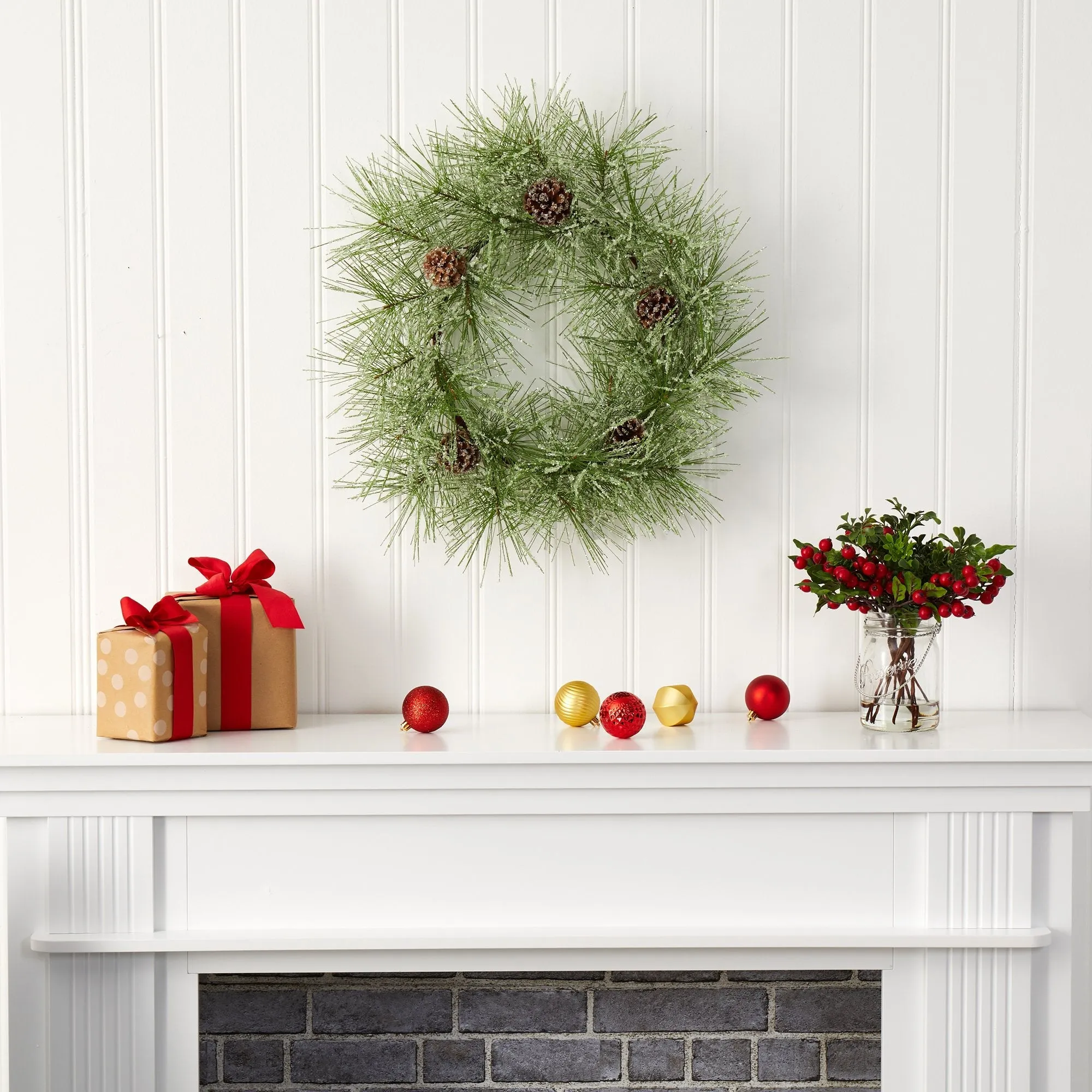 24” Iced Pine Artificial Wreath with Pine Cones by Nearly Natural