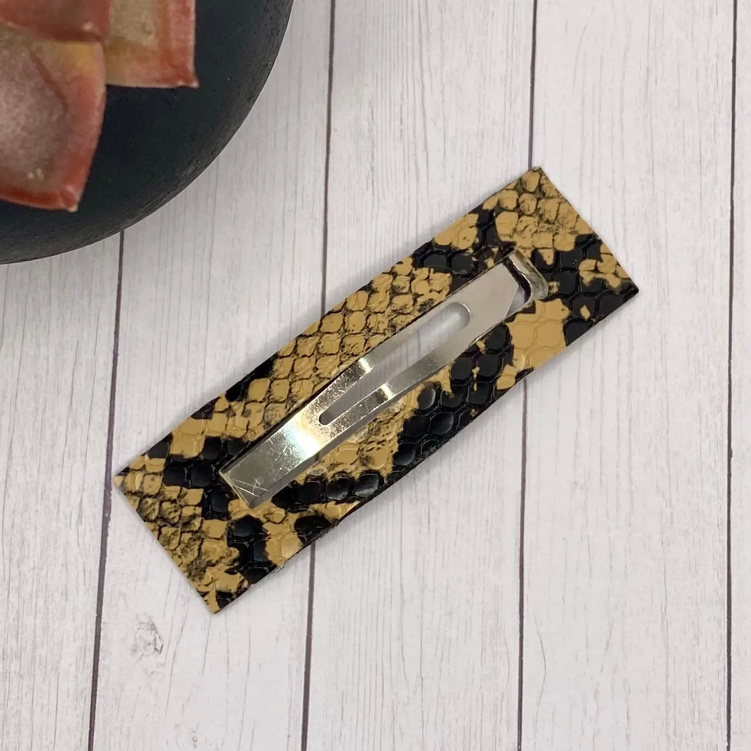 3.25” Tan and Black Snakeskin Rectangle Snap Clip