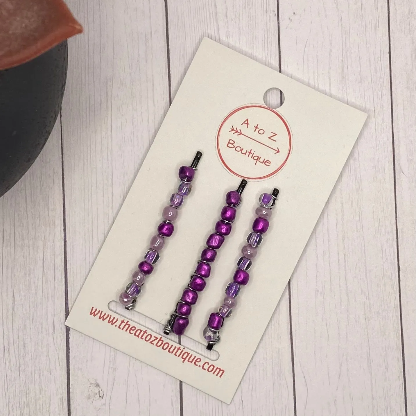 3pc Purple Beaded Bobby Pin Set
