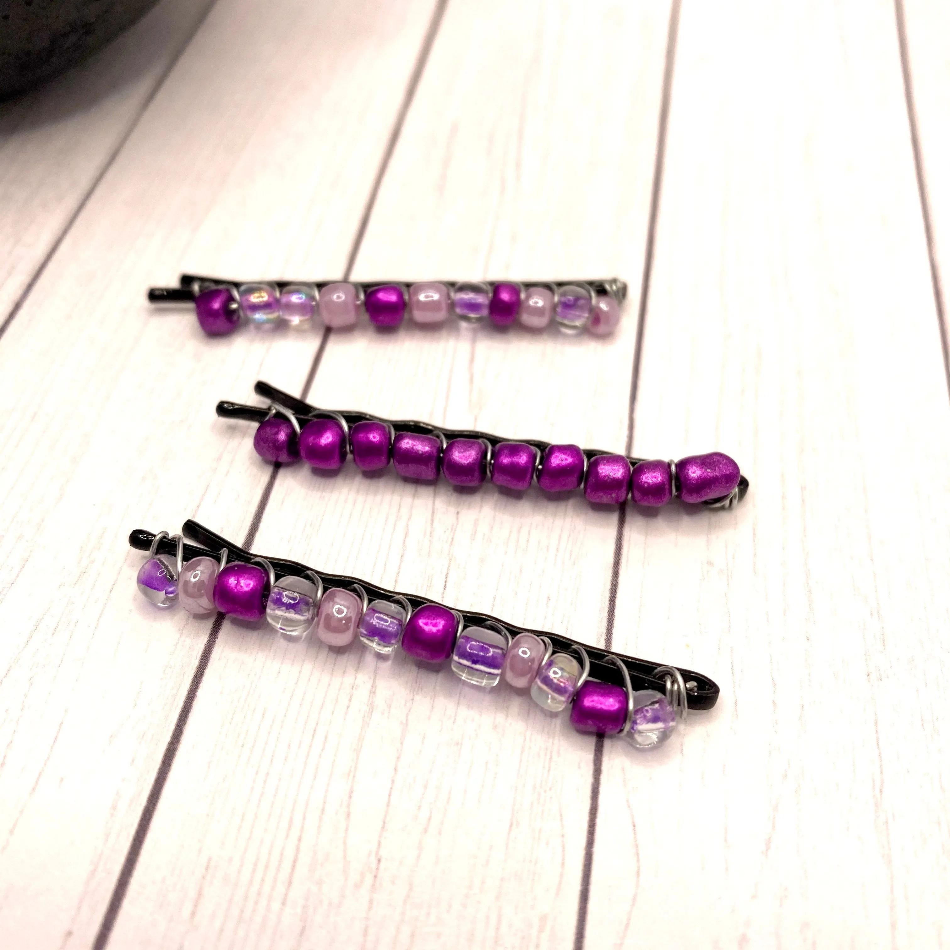 3pc Purple Beaded Bobby Pin Set