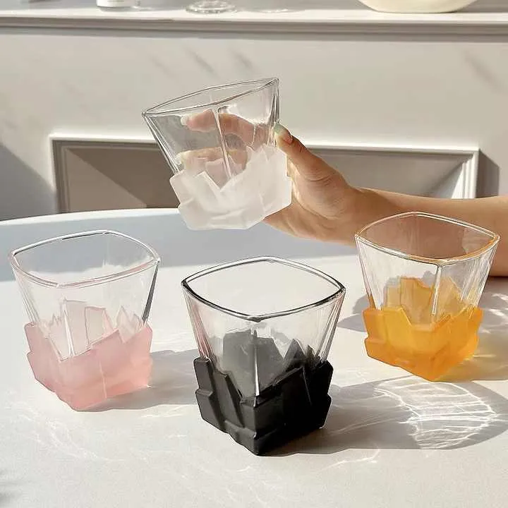 4-Piece Black Frosted Ice Cube Glass Set | Creative Whiskey Glass | 300ml Premium Textured Tumblers for Home Bars