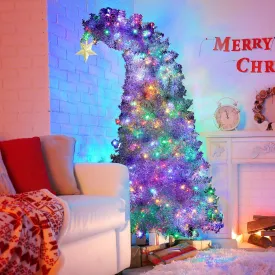 6 FT Fir Bent Top Christmas Tree, Artificial Christmas Tree With Gold Star, 900 Silver Branch Tips, 300 Colorful LED Lights With 8 Flashing Ways