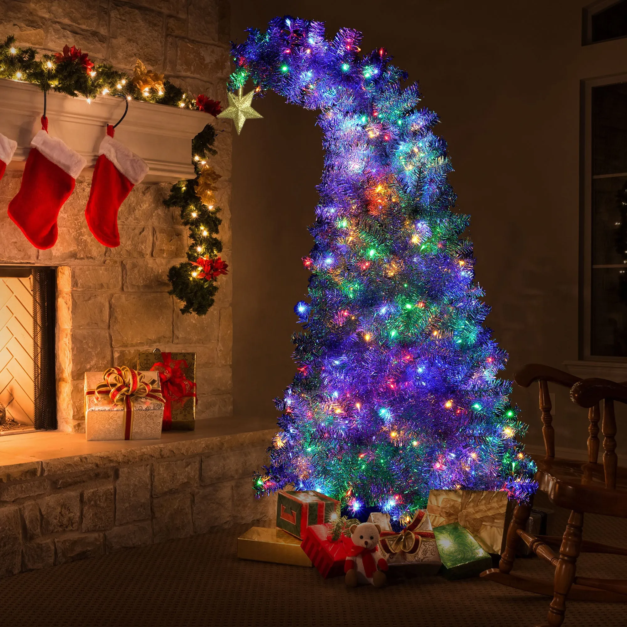 6 FT Fir Bent Top Christmas Tree, Artificial Christmas Tree With Gold Star, 900 Silver Branch Tips, 300 Colorful LED Lights With 8 Flashing Ways