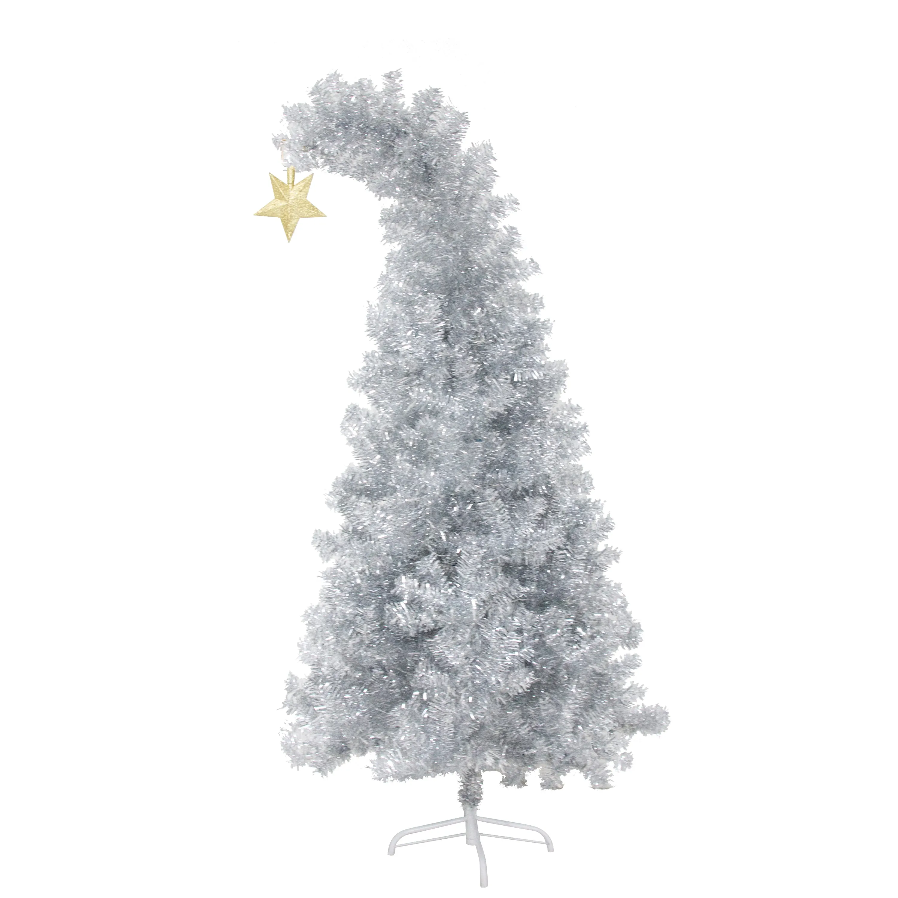 6 FT Fir Bent Top Christmas Tree, Artificial Christmas Tree With Gold Star, 900 Silver Branch Tips, 300 Colorful LED Lights With 8 Flashing Ways