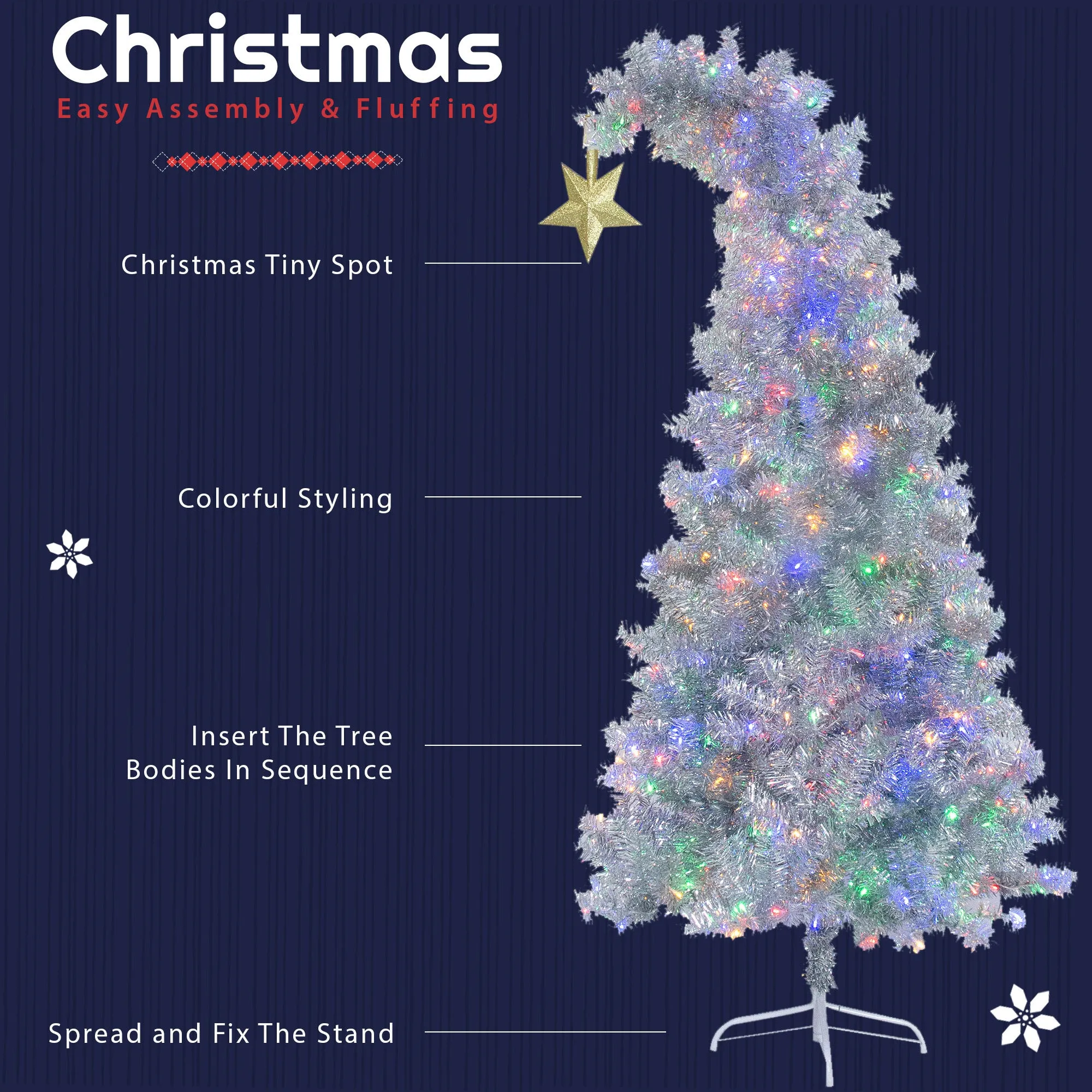 6 FT Fir Bent Top Christmas Tree, Artificial Christmas Tree With Gold Star, 900 Silver Branch Tips, 300 Colorful LED Lights With 8 Flashing Ways