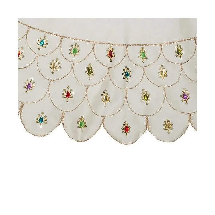 60" Scalloped Ivory Embroidered Tree Skirt with Multi-Colored Beads