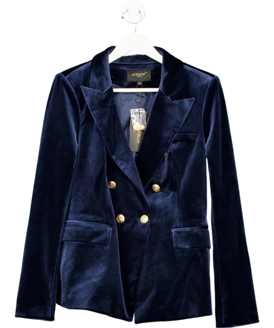 Attentif Blue Fitted Velvet Blazer Jacket With Gold Buttoning UK 16