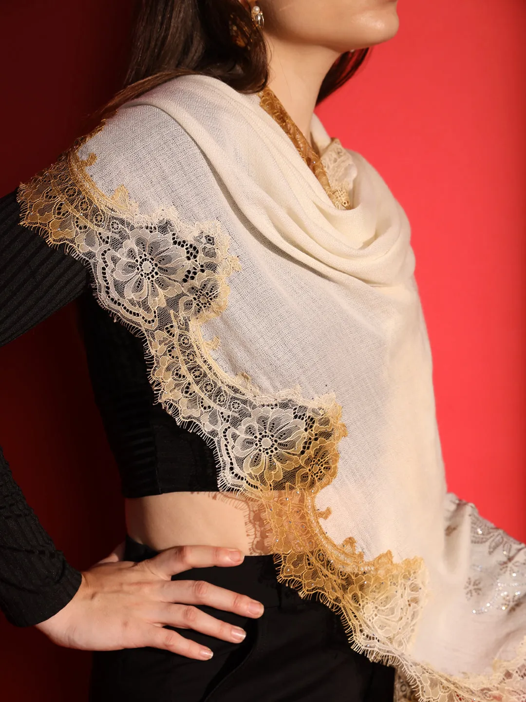 beige shawl with lace and swarovski