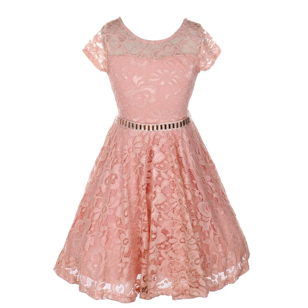 Big Girls Lace Glitter Stone Belt Special Occasion Skater Dress 8-14
