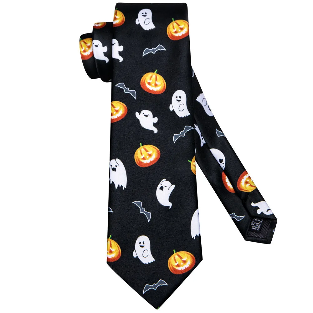 Black and Orange Halloween Necktie Set with Ghost and Jack-O'-Lantern Design
