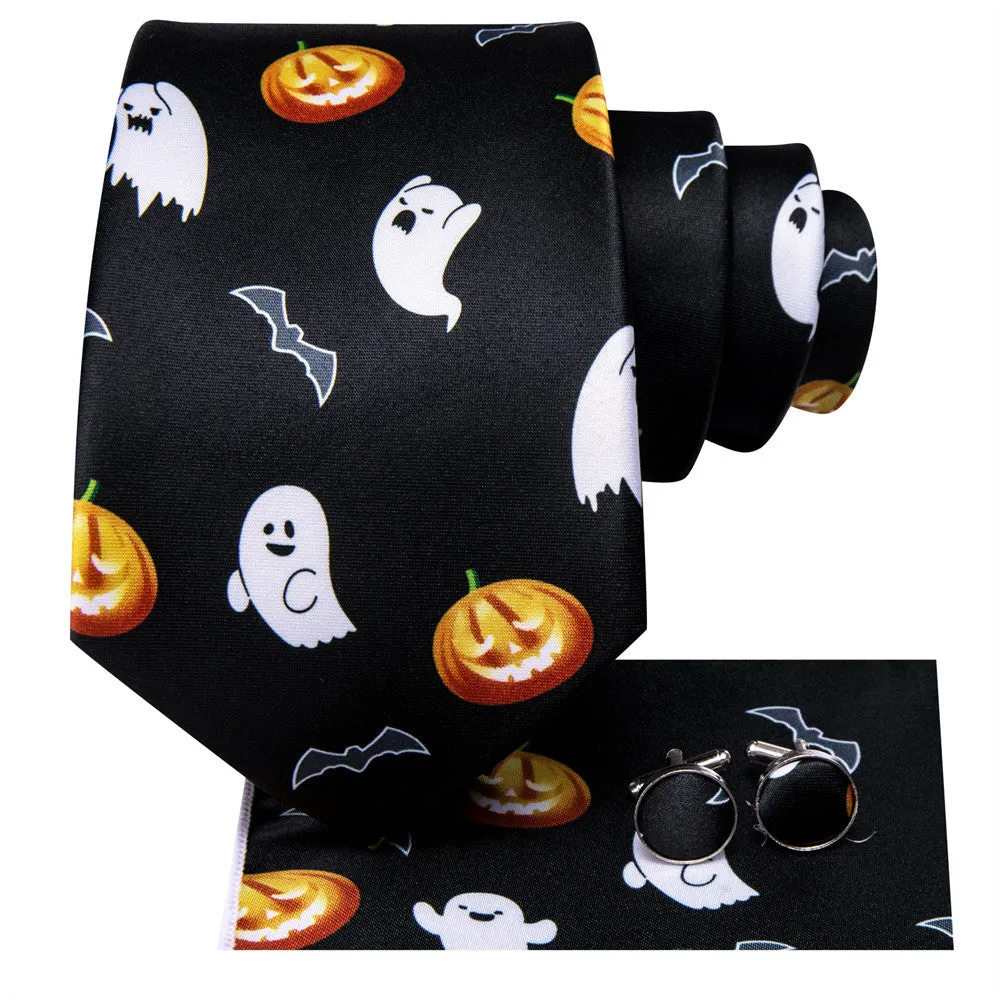 Black and Orange Halloween Necktie Set with Ghost and Jack-O'-Lantern Design