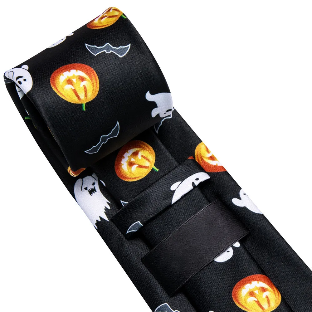 Black and Orange Halloween Necktie Set with Ghost and Jack-O'-Lantern Design