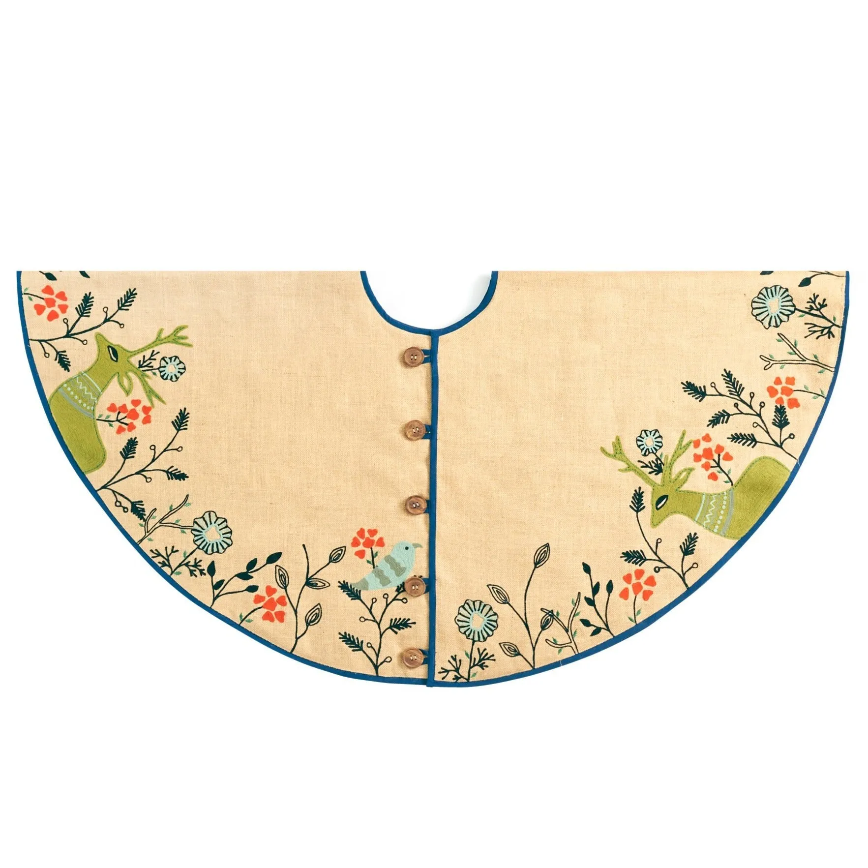 Handmade Christmas Tree Skirt In Jute - Embroidered Forest Scene - 60"