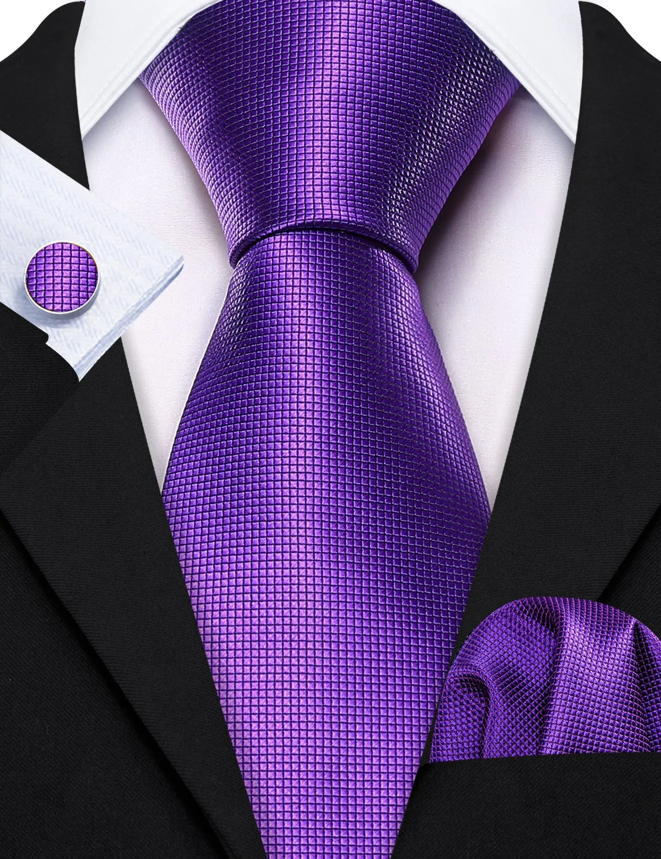 Hi-Tie Plum Purple Necktie Men's Solid Tie Handkerchief Cufflinks Set