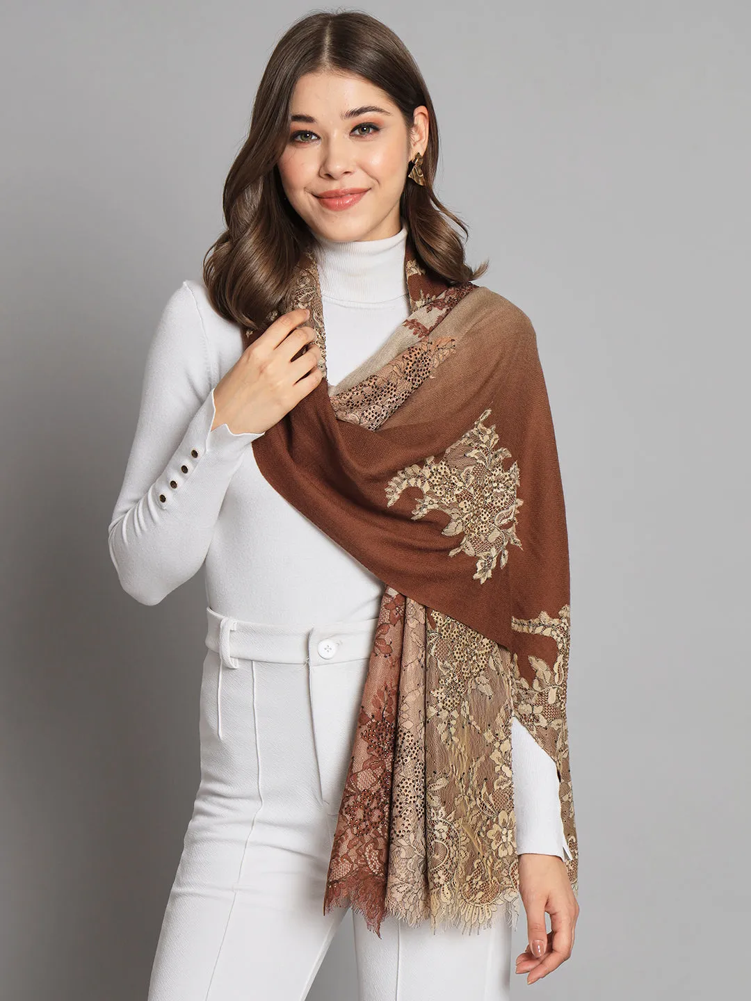 Ombre Brown Shawl withlace and swarovski