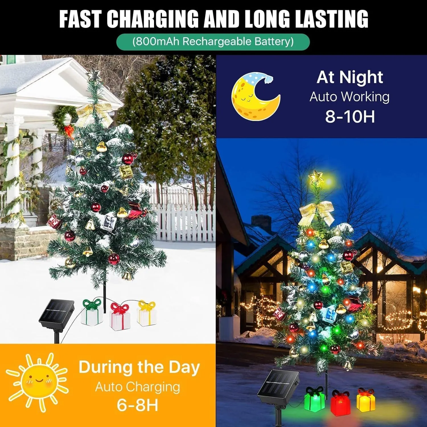 Solar Mini Christmas Tree Light Outdoor Decoration, 30 Inch Solar Tree Lights with 30 LED 8 Flashing Modes Decorated Prelit Gift Boxes & Ornaments for Pathway Patio Yard Garden Cemetery, 2PCS