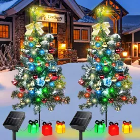 Solar Mini Christmas Tree Light Outdoor Decoration, 30 Inch Solar Tree Lights with 30 LED 8 Flashing Modes Decorated Prelit Gift Boxes & Ornaments for Pathway Patio Yard Garden Cemetery, 2PCS