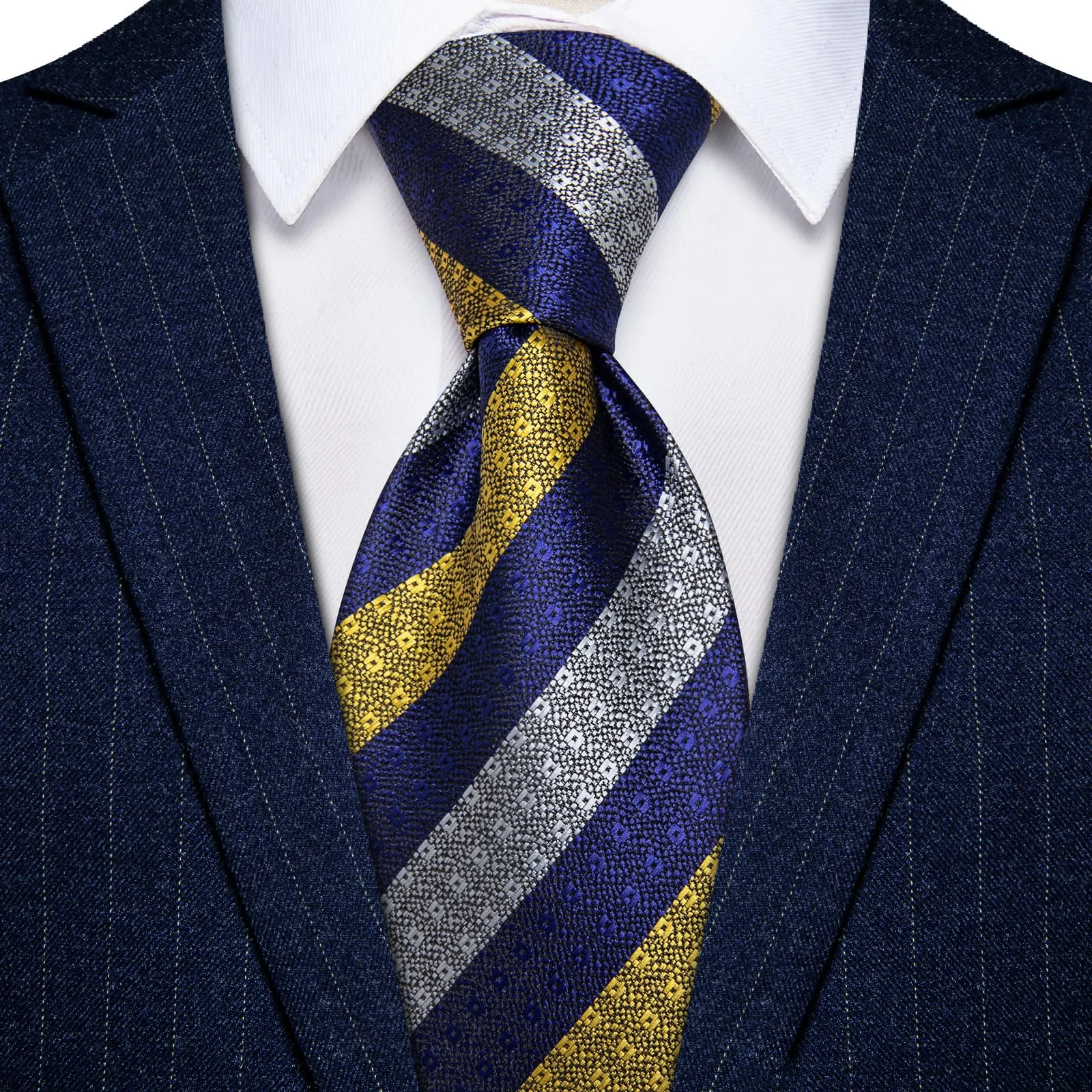 YourTies Striped Necktie Blue Gray Yellow Mens Tie Hanky Cufflinks Set